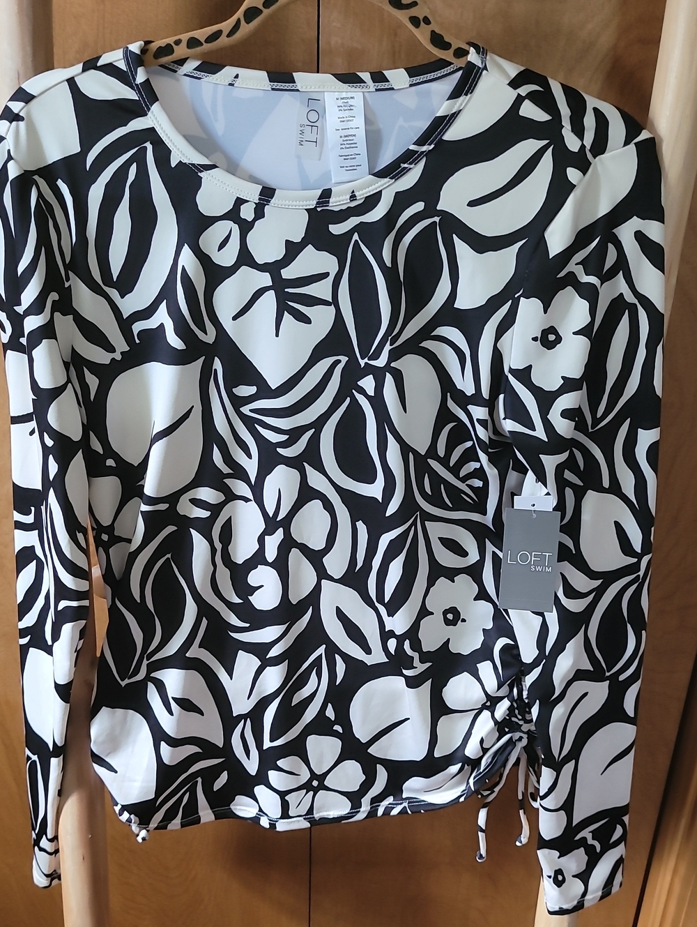 LOFT Black & White Floral Long Sleeve Swim Top